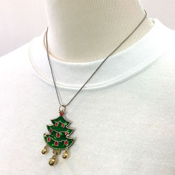 Silver Color 17.5in Christmas Necklace Gold Tone Jingle Bells Green Tree Pendant - Picture 4 of 10